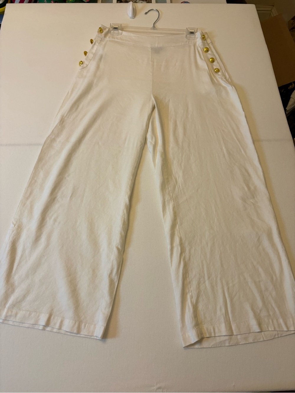 Wide-Leg White Pants with Gold Button Detail